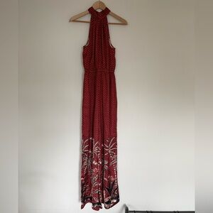 Steve Madden Tropical Printed Red Halter Danae Sleeveless Wide Leg Jumpsuit Sz S